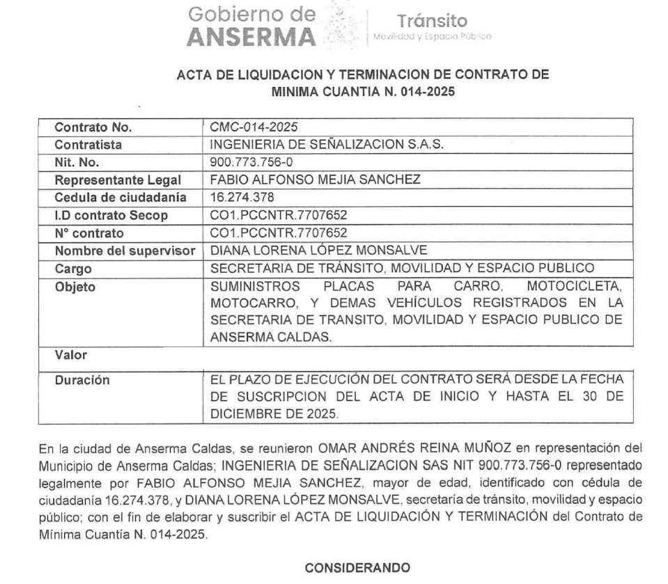 Liquidación Municipio de Anserma